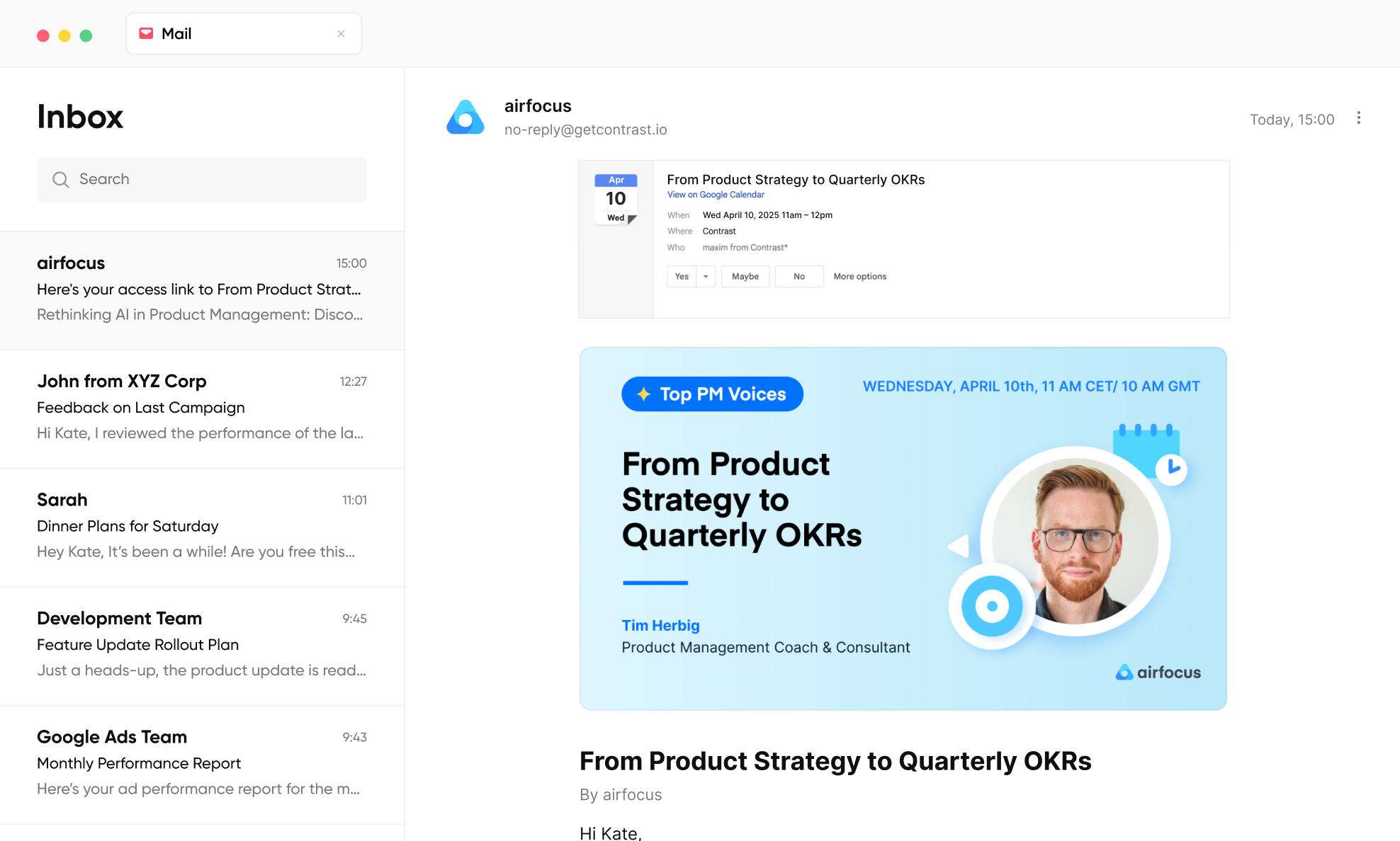 Screenshot of the "Add to calendar" feature in Airfocus' webinar confirmation email