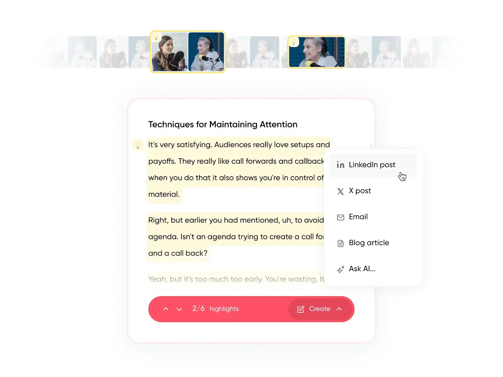Screenshot of a content planning tool Repurpose Ai with text and sharing options.