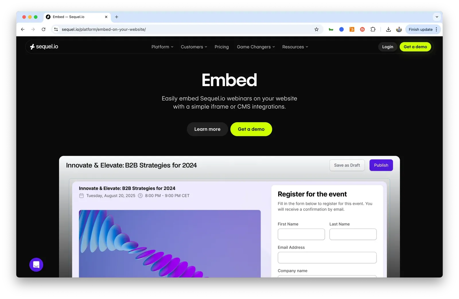 Screenshot showing sequel website